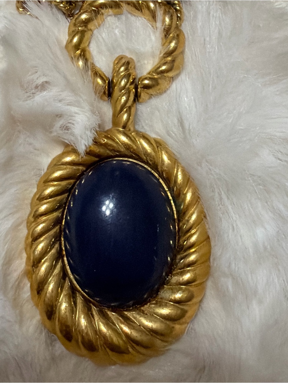 Vintage Monet Nautical Rope Gold-Tone Pendant Necklace with Navy Cabochon